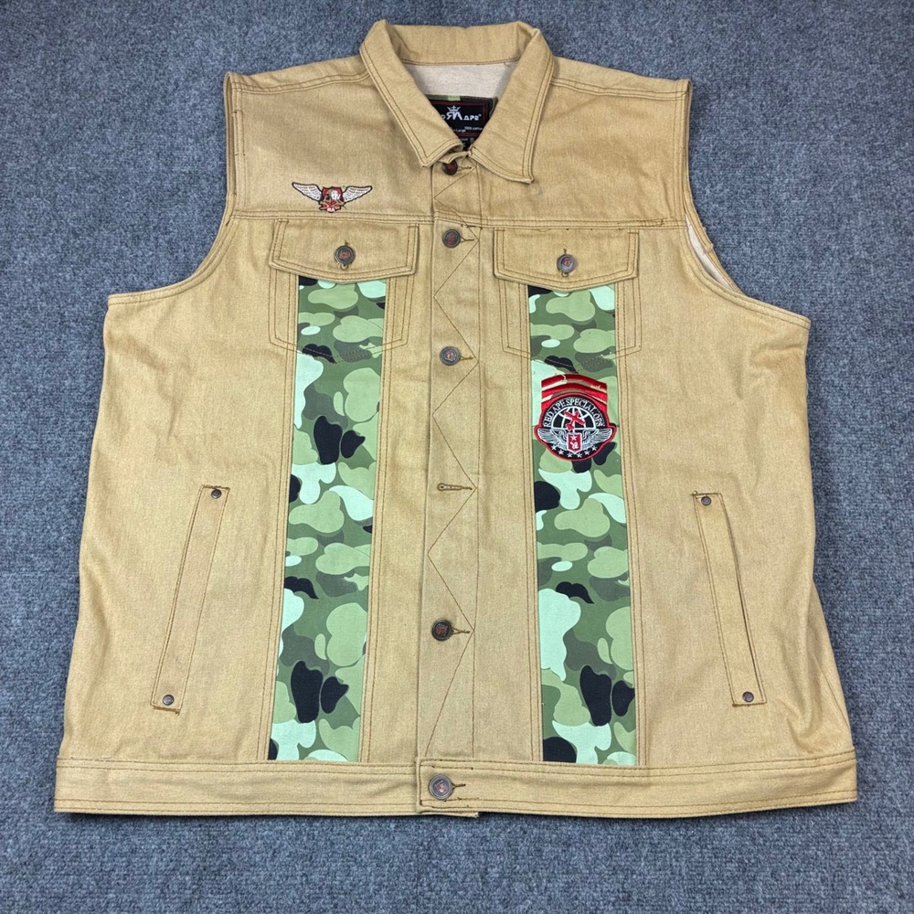 Red Ape Special Ops Tan Denim Camo Patch Vest Mens 4XL Khaki Streetwear Cotton